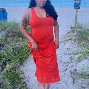 neon orange crotchet maxi dress